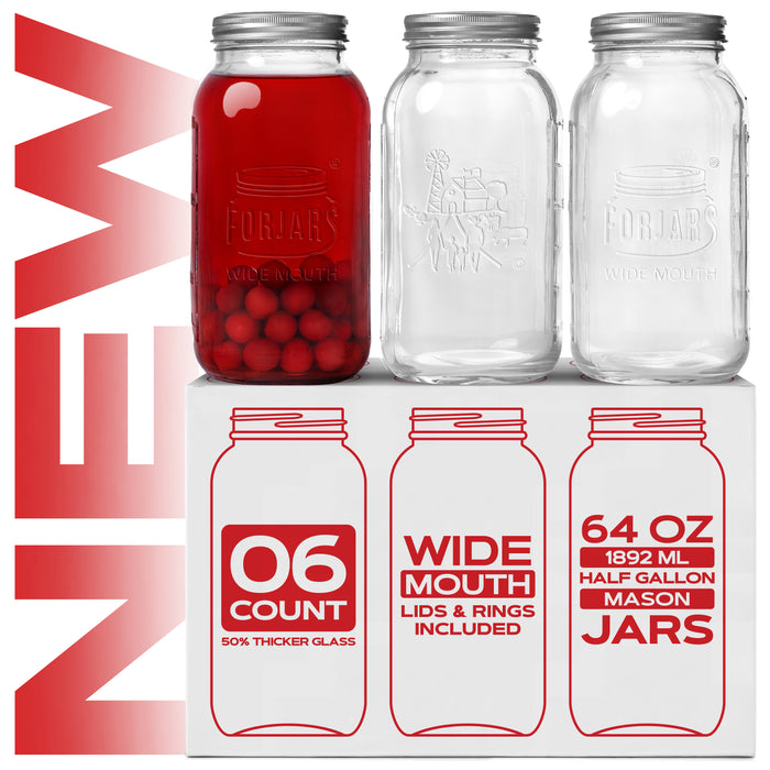 FORJARS® Premium Mason Jars – 64 oz (6-Pack) | Wide Mouth Glass Canning Jars