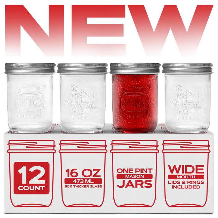 FORJARS® Premium Mason Jars – 16 oz (12-Pack) | Wide Mouth Glass Canning Jars