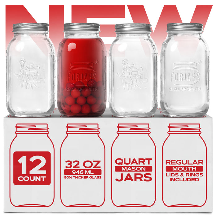 FORJARS® Premium Mason Jars – 32 oz (12-Pack) | Regular Mouth Glass Canning Jars