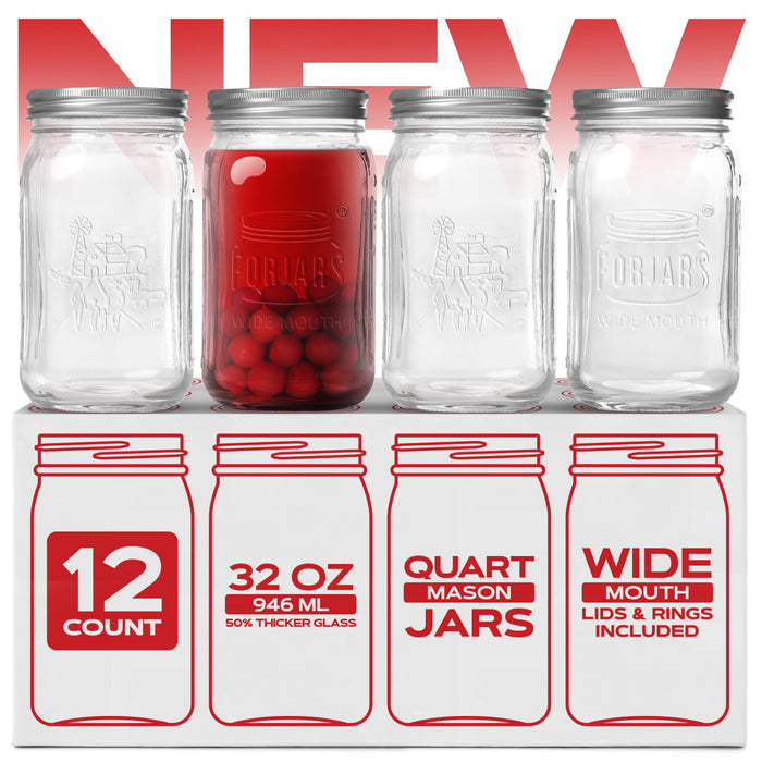 FORJARS® Premium Mason Jars – 32 oz (12-Pack) | Wide Mouth Glass Canning Jars