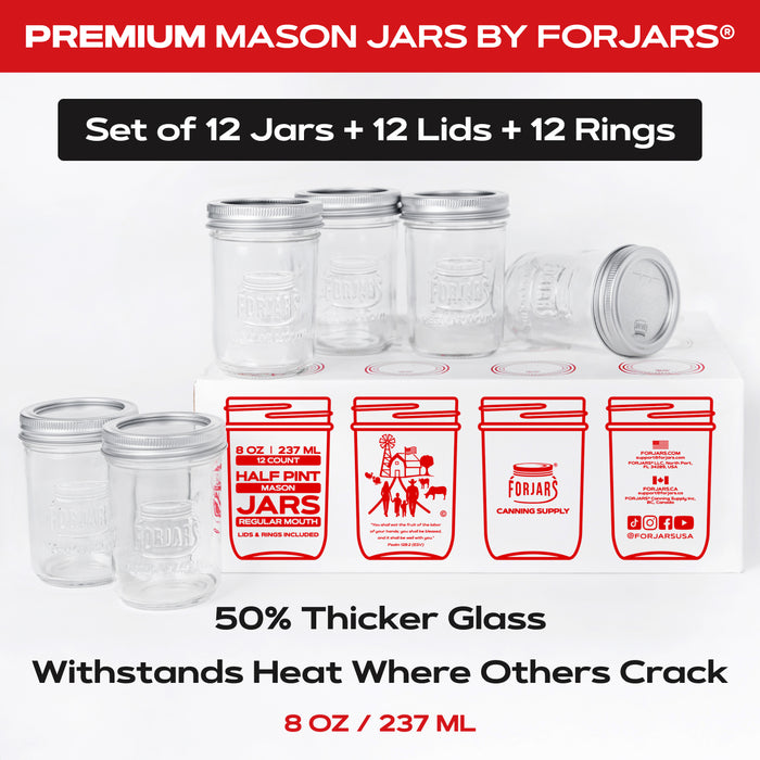 FORJARS® Premium Mason Jars – 8 oz (12-Pack) | Regular Mouth Glass Canning Jars