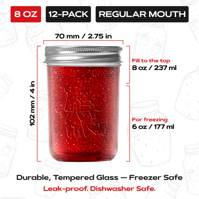 FORJARS® Premium Mason Jars – 8 oz (12-Pack) | Regular Mouth Glass Canning Jars
