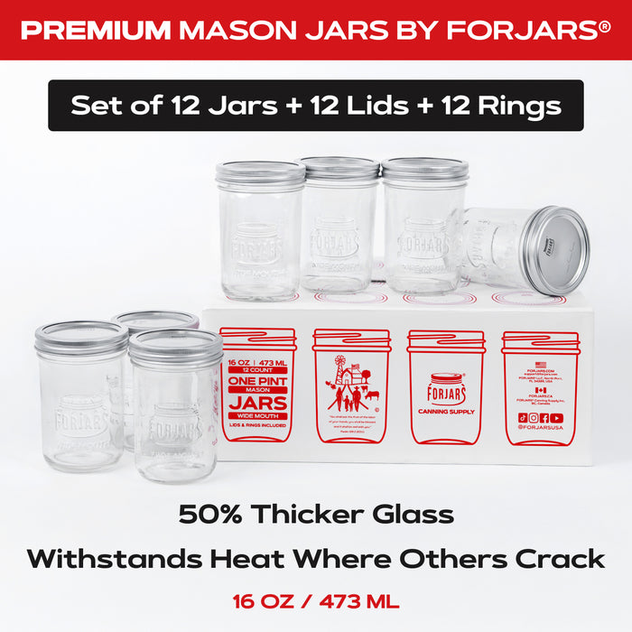 FORJARS® Premium Mason Jars – 16 oz (12-Pack) | Wide Mouth Glass Canning Jars