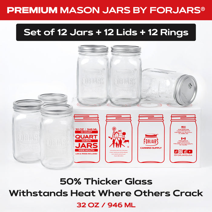 FORJARS® Premium Mason Jars – 32 oz (12-Pack) | Wide Mouth Glass Canning Jars