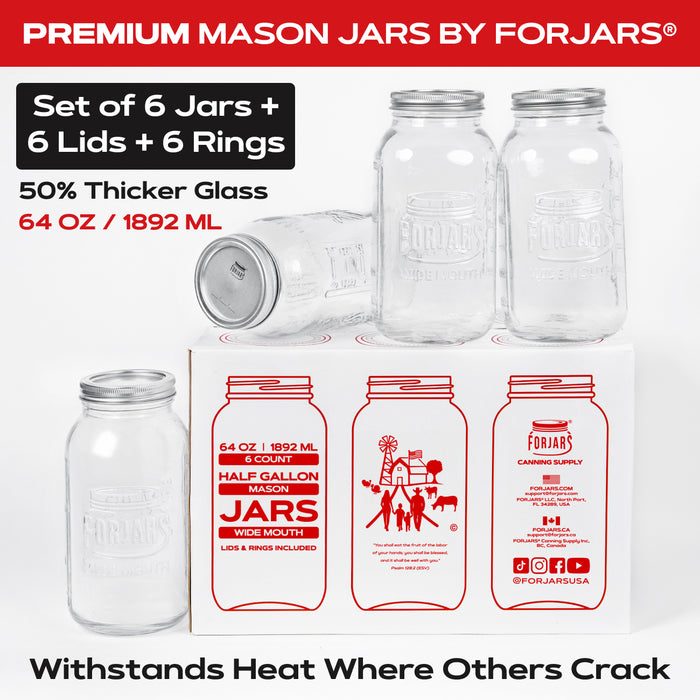 FORJARS® Premium Mason Jars – 64 oz (6-Pack) | Wide Mouth Glass Canning Jars