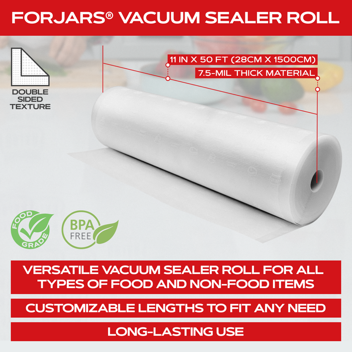 Forjars®  Vacuum Sealer Roll ( 11-inch)- Textured on Both Sides, 7.5 Mil Thickness