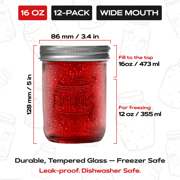 FORJARS® Premium Mason Jars – 16 oz (12-Pack) | Wide Mouth Glass Canning Jars