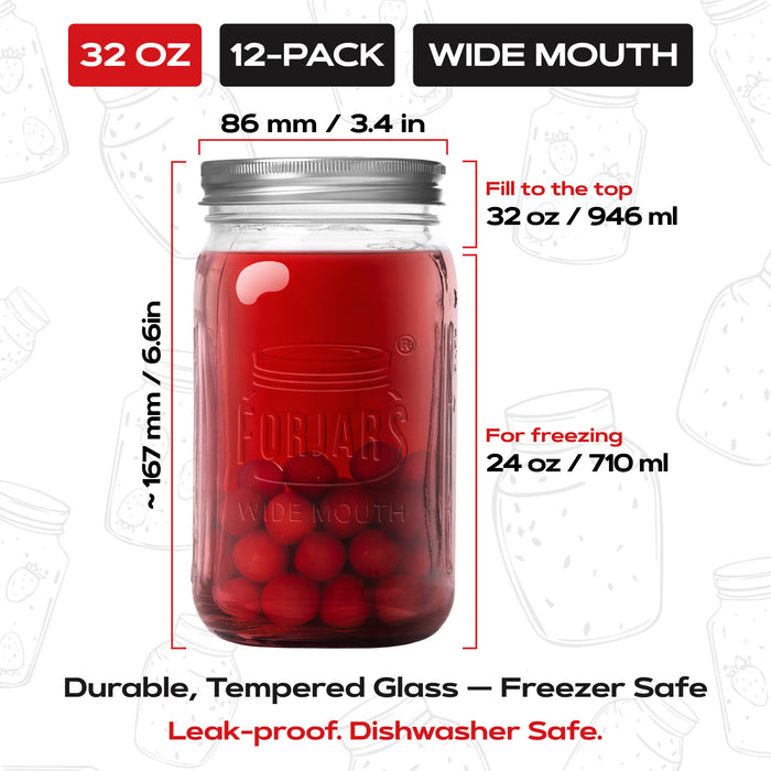FORJARS® Premium Mason Jars – 32 oz (12-Pack) | Wide Mouth Glass Canning Jars