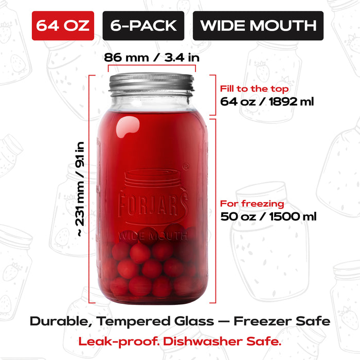 FORJARS® Premium Mason Jars – 64 oz (6-Pack) | Wide Mouth Glass Canning Jars