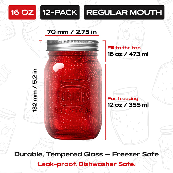 FORJARS® Premium Mason Jars – 16 oz (12-Pack) | Regular Mouth Glass Canning Jars