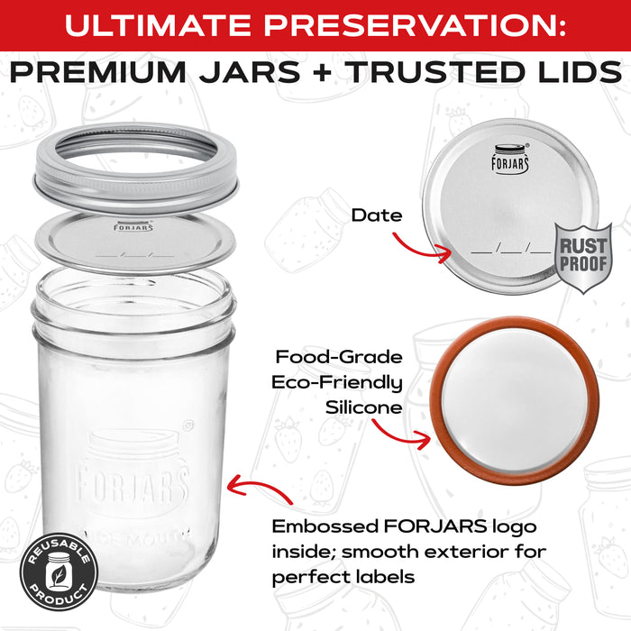 FORJARS® Premium Mason Jars – 16 oz (12-Pack) | Wide Mouth Glass Canning Jars