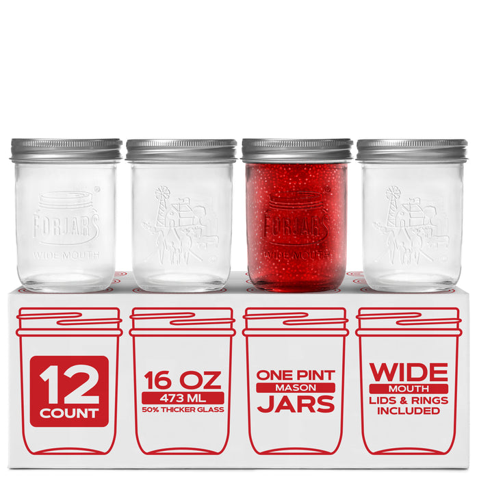 Forjars Canning Supply FMJ-16OZ-12-W Wide Mouth Glass Mason Jars