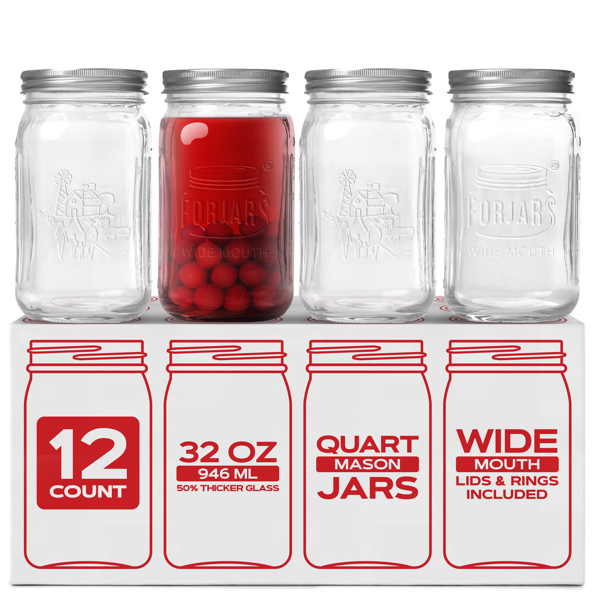 Premium Mason Jars – 32 oz (12-Pack) | Wide Mouth Glass Canning Jars